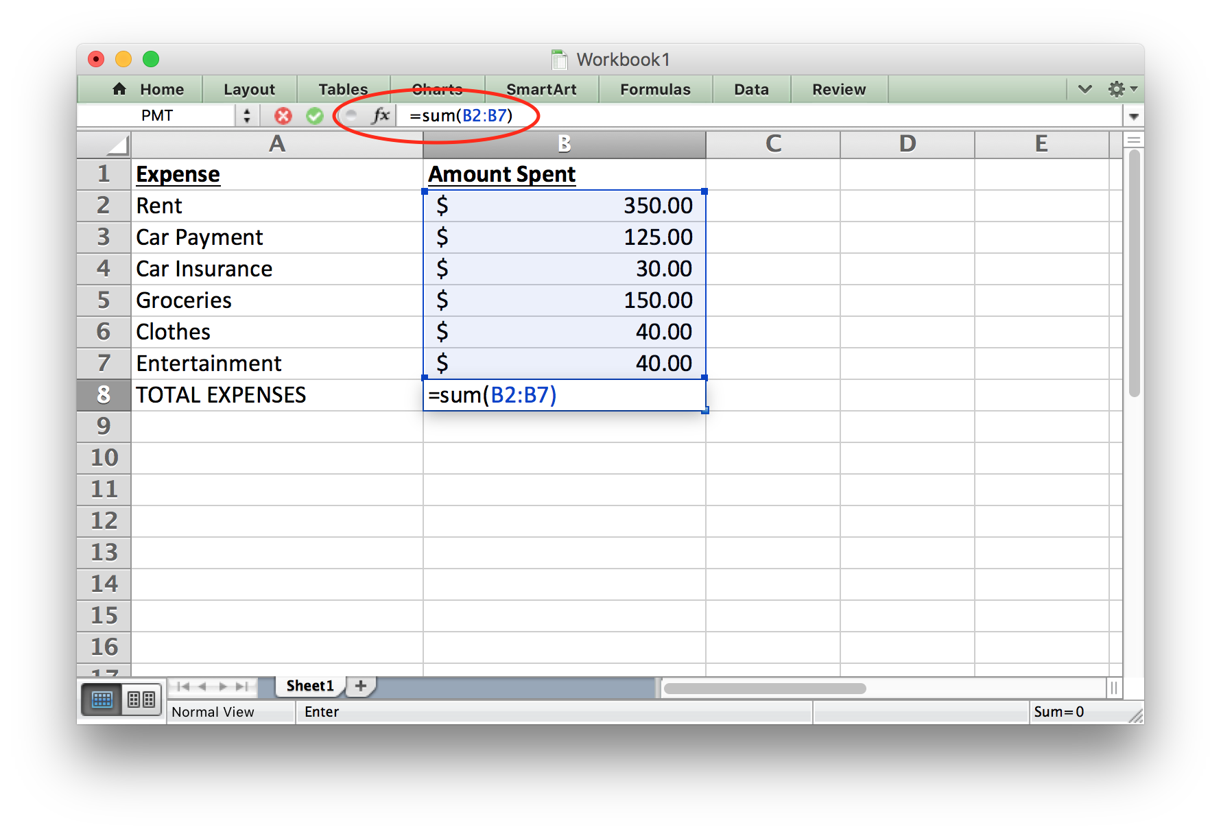 Excel screenshot showing Sum Function