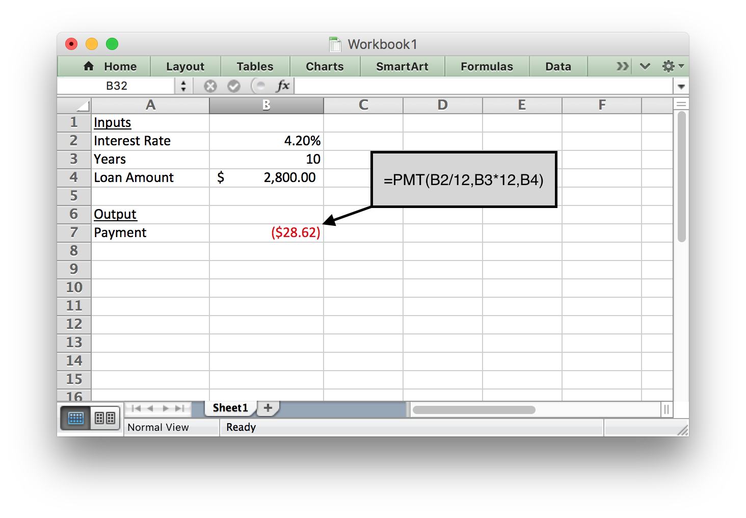 Excel screenshot showing the payment function