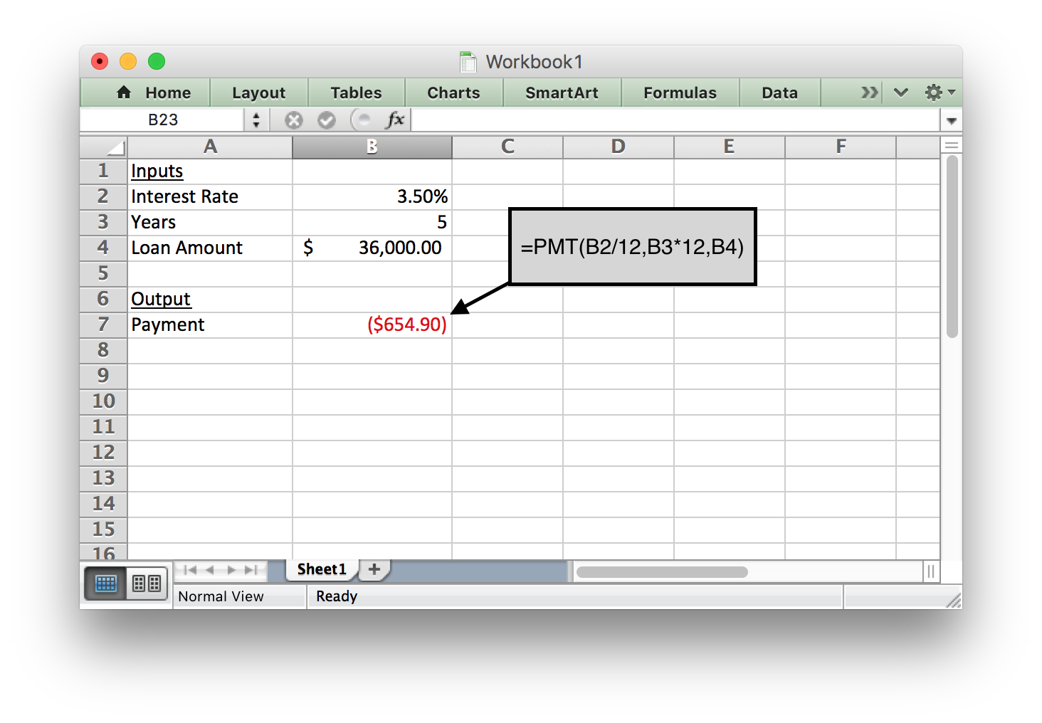 Excel spreadsheet showing the payment function